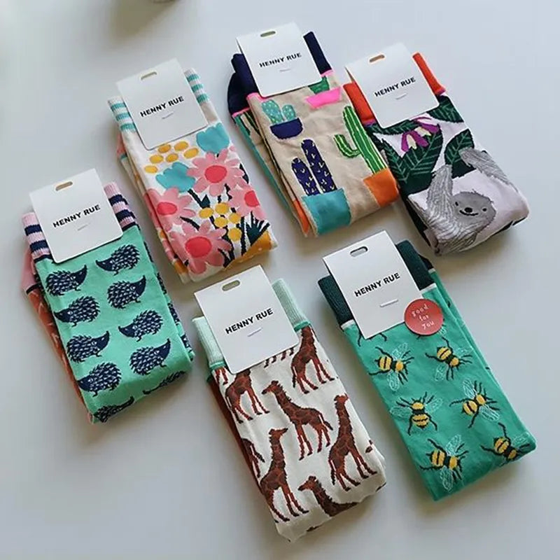 Fashion Colorful Autumn Winter Stocking Women's Socks Plant Hedgehog Slothsi Cotton Socks Personality Straight Trendy Socks